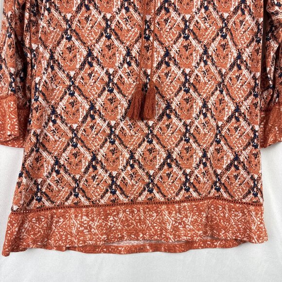 Max Jeans‎ Boho Tunic Top Women’s Medium Rust Orange Diamond Print Tassel Tie - Picture 4 of 16